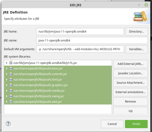 editing a JRE to add support for JavaFX to Eclipse